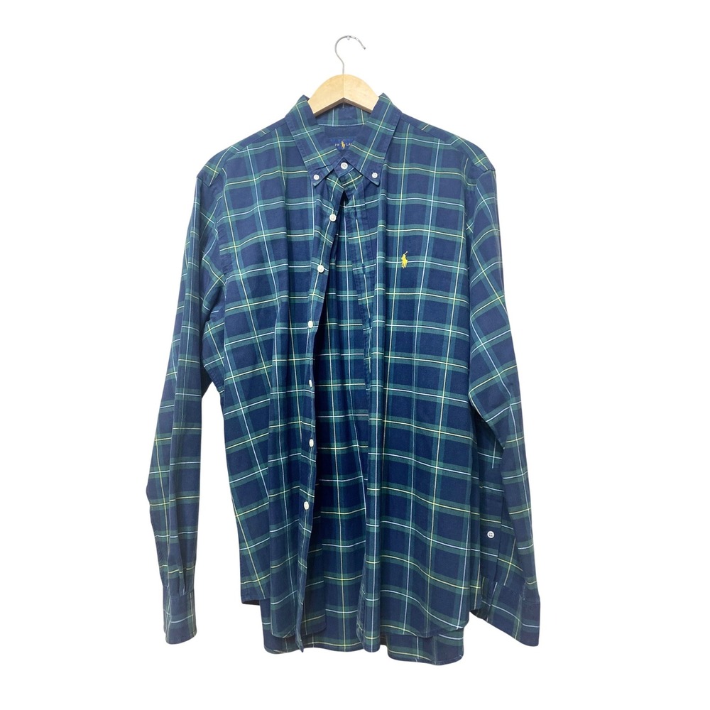 Ralph Lauren Mens XL Plaid Button Down Shirt Navy‎ Green Yellow Pony Long Sleeve